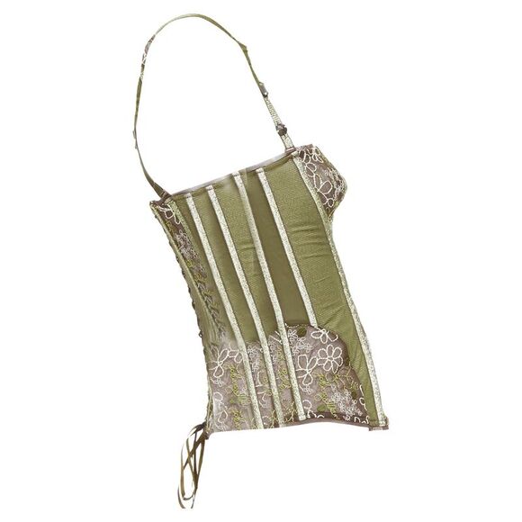 rare JOHN GALLIANO Vintage green gold sheer lace boned bustier corset top S - Picture 4 of 9